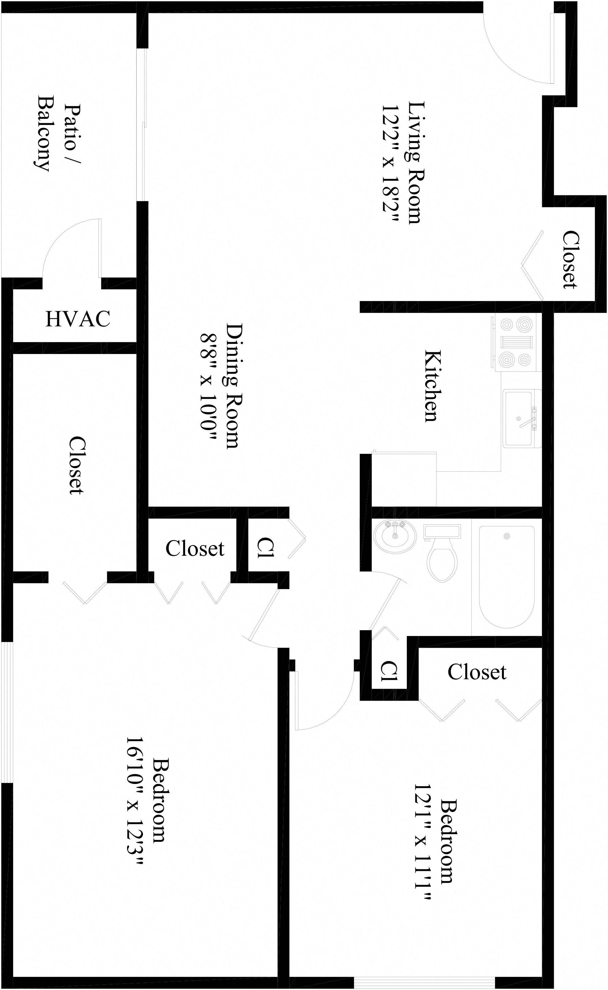 Floor plan for 2 beds, 1 bath, 925 sqft